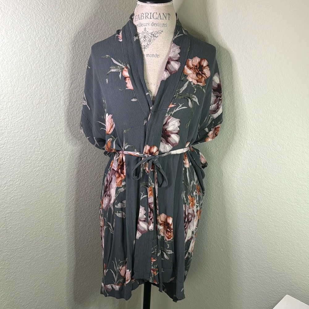 VICI Floral Dusty Blue Kimono Wrap Mini Dress